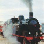 Locomotiva a vapore classica in azione su binari, circondata da fumo bianco e cielo nuvoloso.