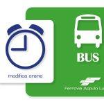 Icona orologio blu e bus bianco su sfondo verde, scritte modifica orario e Ferrovie Appulo Lucane.