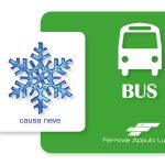 Fiocco di neve blu accanto a icona autobus verde, testo causa neve, Ferrovie Appulo Lucane.
