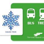 Fiocco di neve e icone di bus e treno su sfondo verde, con testo causa neve e logo Ferrovie Appulo Lucane.