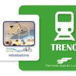 Immagine promozionale di Ferrovie Appulo Lucane con bicicletta appesa e icona di treno verde, testo velostazione.