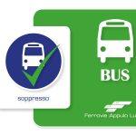 Simbolo di autobus con segno di spunta e scritta soppresso, logo Ferrovie Appulo Lucane su sfondo verde.