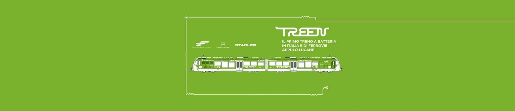 Immagine del primo treno a batteria italiano di Ferrovie Appulo Lucane su sfondo verde.