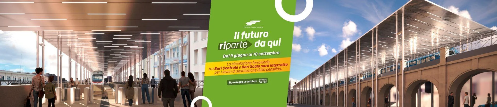 Stazione ferroviaria con cartello che informa sulla chiusura per lavori tra Bari Centrale e Bari Sud Est.