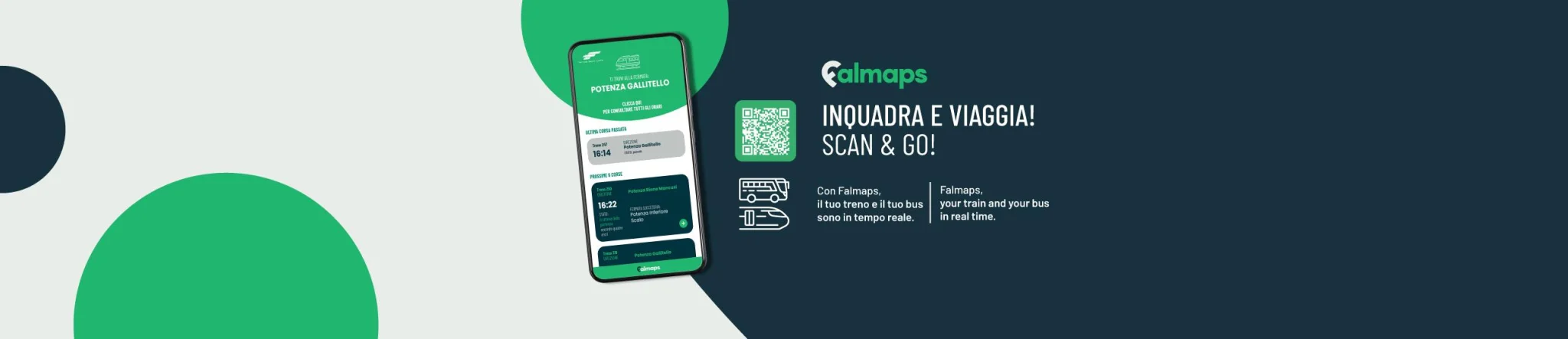 App Falmaps su smartphone per visualizzare gli orari di treni e bus in tempo reale, con QR code per accesso rapido.